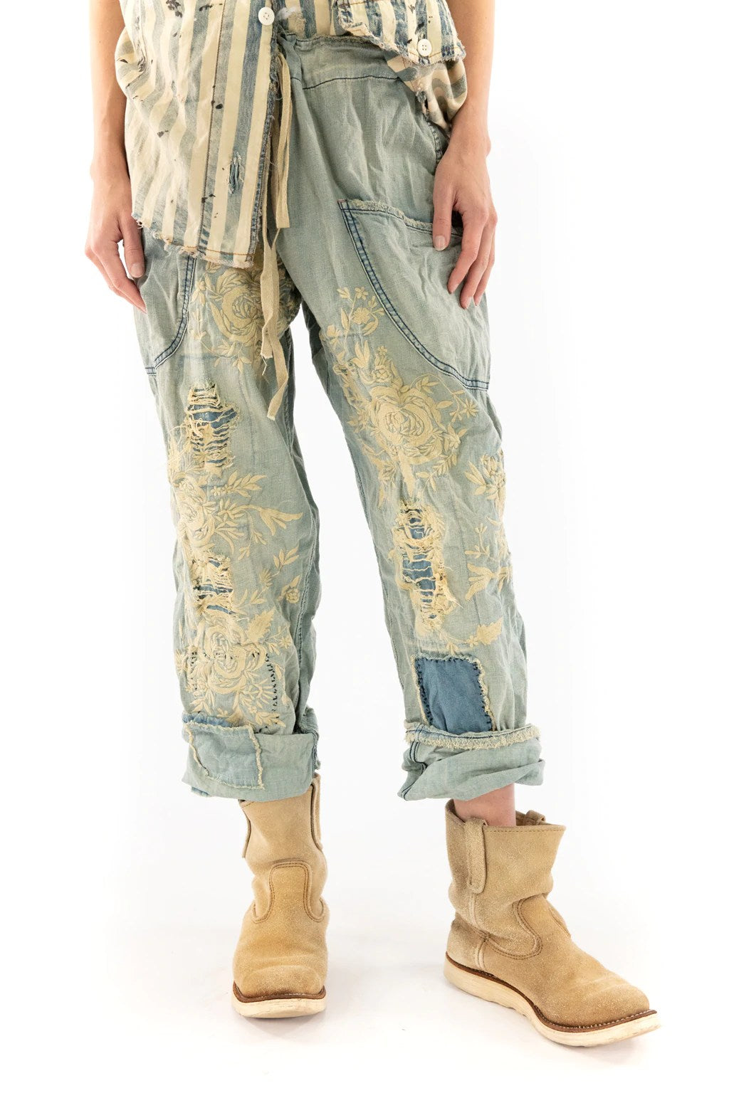Floral Embroidered Okeefe Denim Pants by Magnolia Pearl