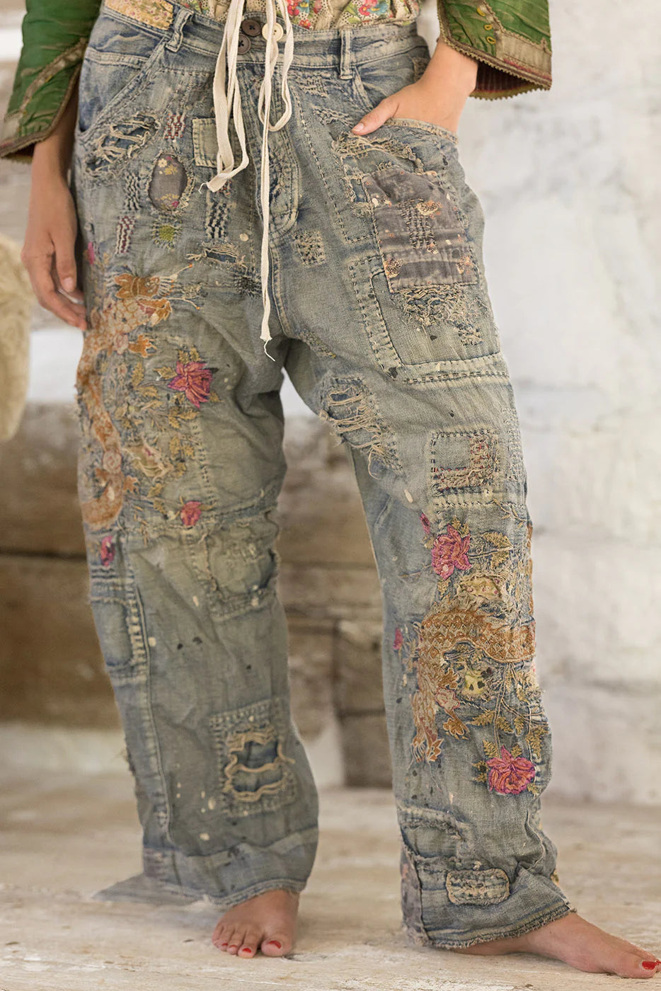 Dragon Embroidered Provision Denims in Washed Indigo by Magnolia Pearl